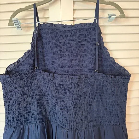 Ann Taylor Smocked Scalloped Tiered Maxi Dress XL navy blue white ruffle - Picture 5 of 10